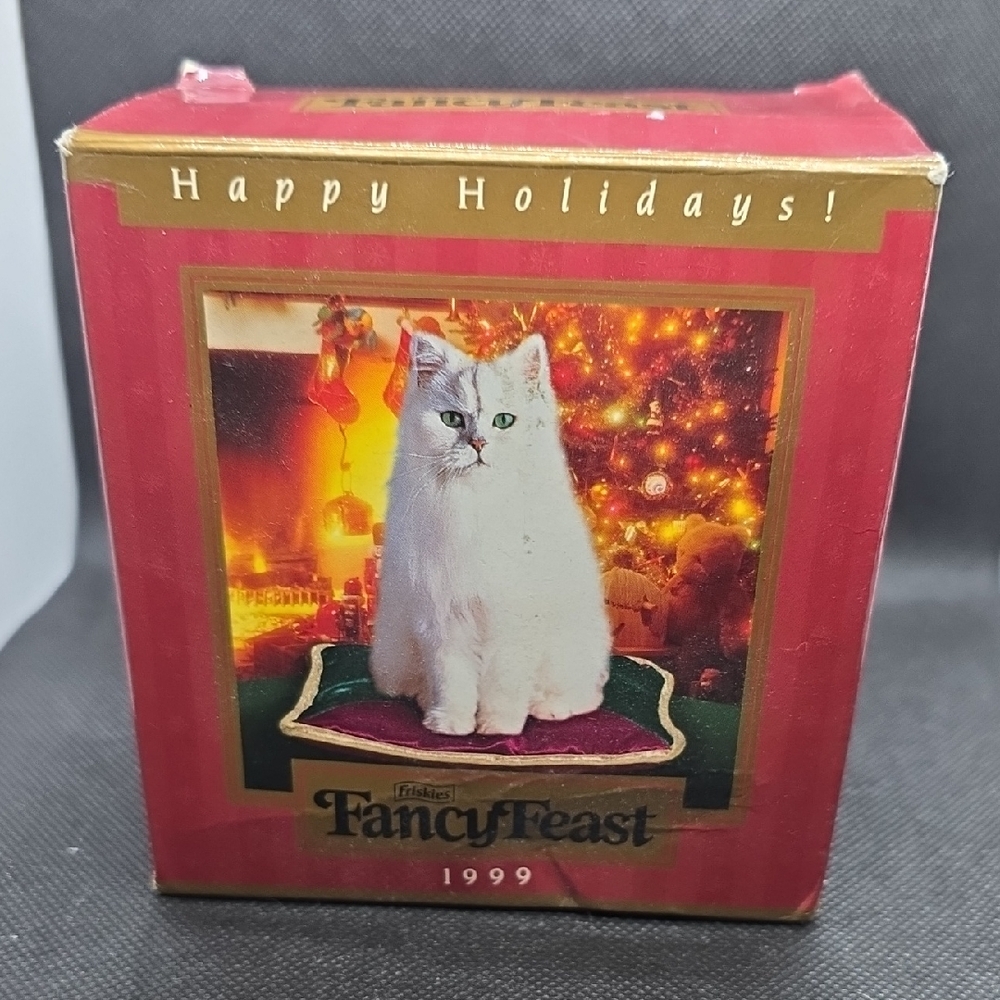 Holiday Ornament - White Cat with Red Background
